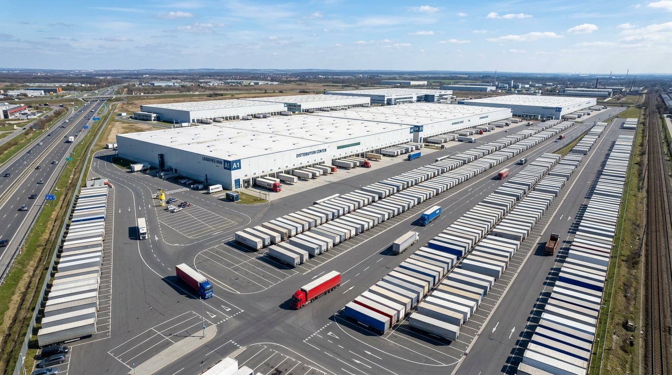 Aerial view of a large distribution yard with rows of trailers and warehouse buildings