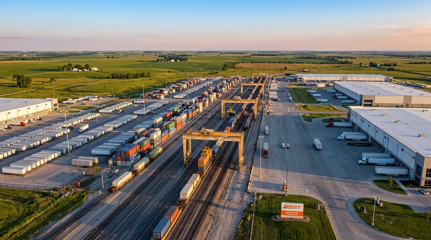 Aerial view of BNSF Logistics Park Kansas City intermodal facility in Edgerton, Kansas