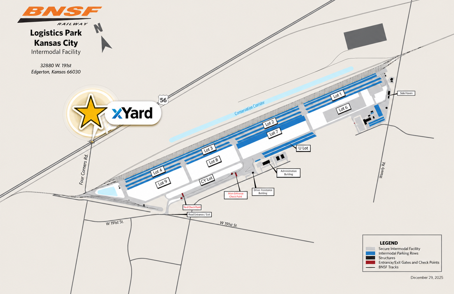 Map showing xYard location directly across from BNSF Logistics Park Kansas City LPKC in Edgerton, Kansas